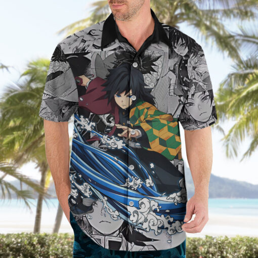Chemise hawaïenne Giyu Tomioka Demon Slayer style manga mixé – Image 3