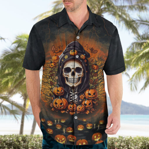 Chemise hawaïenne crâne Halloween thème citrouille – Image 3