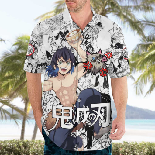 Chemise hawaïenne collage manga Inosuke Demon Slayer – Image 3