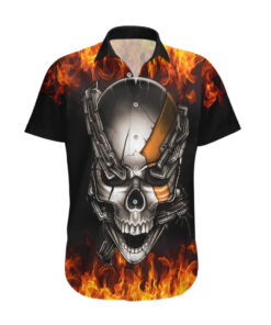 Chemise hawaïenne crâne métallique enfer enflammé