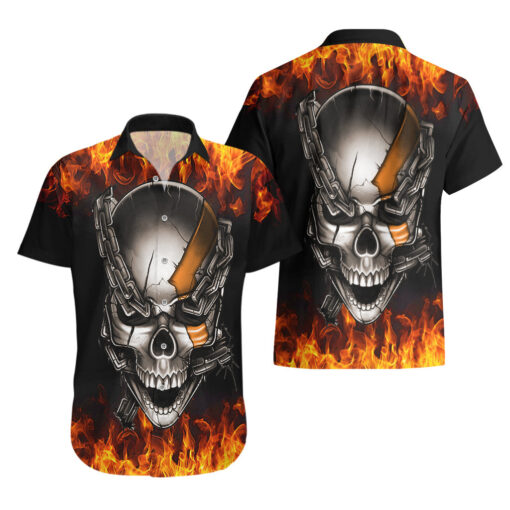 Chemise hawaïenne crâne métallique enfer enflammé – Image 3