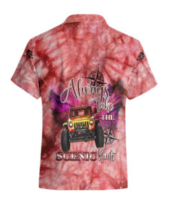 Chemise hawaïenne Jeep rouge tie-dye Toujours prendre la route panoramique