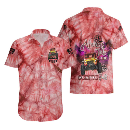 Chemise hawaïenne Jeep rouge tie-dye Toujours prendre la route panoramique – Image 3