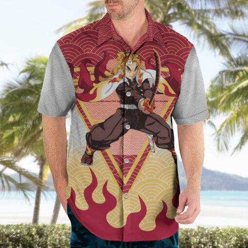 Chemise hawaïenne Rengoku Kyoujurou Demon Slayer motif japonais Mix Anime – Image 3