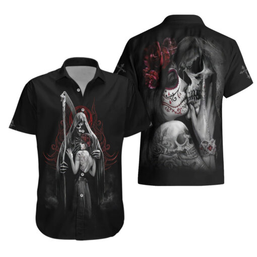 Chemise hawaïenne Crâne ange de la mort et fille Dia de Muertos – Image 3