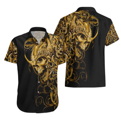 Chemise hawaïenne Crâne Guerrier d’or Royal – Image 3