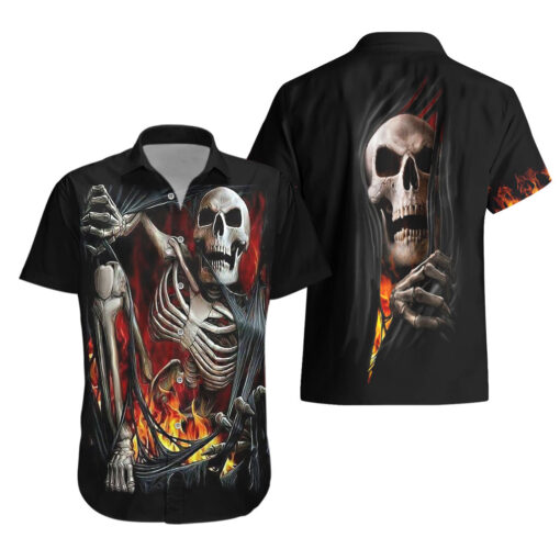 Chemise hawaïenne Crâne Squelette Déchiré Flamme Intérieure – Image 3