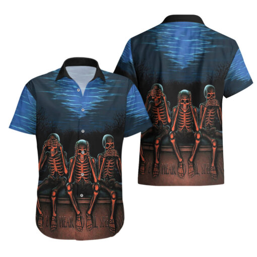 Chemise hawaïenne Crâne Trois Squelettes Pas Voir Pas Parler Pas Entendre – Image 3