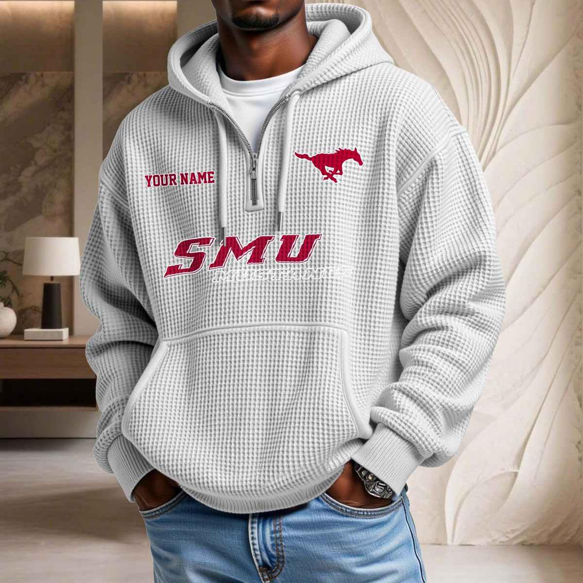 Sweat à capuche en maille gaufrée Smu Mustangs – Image 3