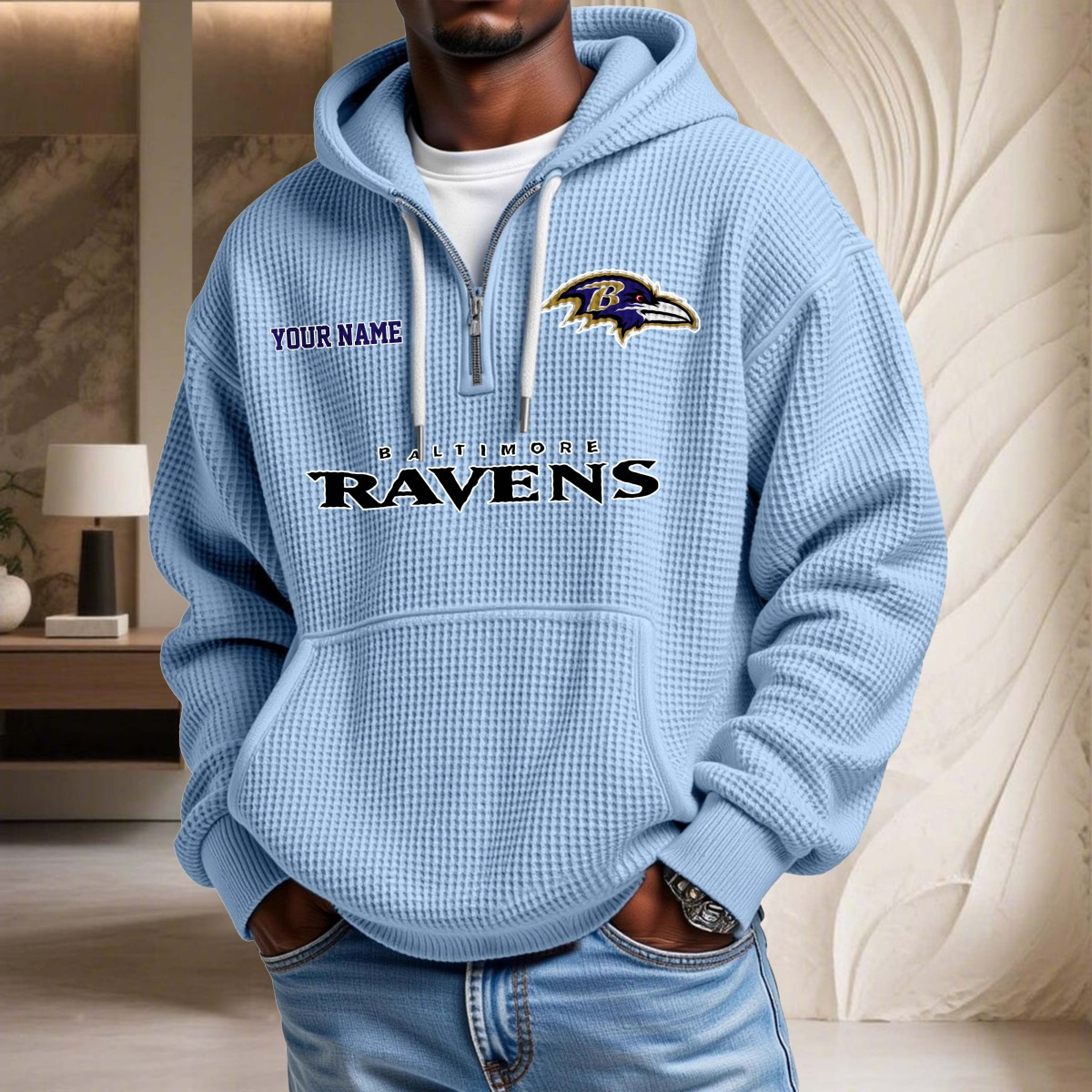 Sweat à capuche en maille gaufrée Baltimore Ravens – Image 7