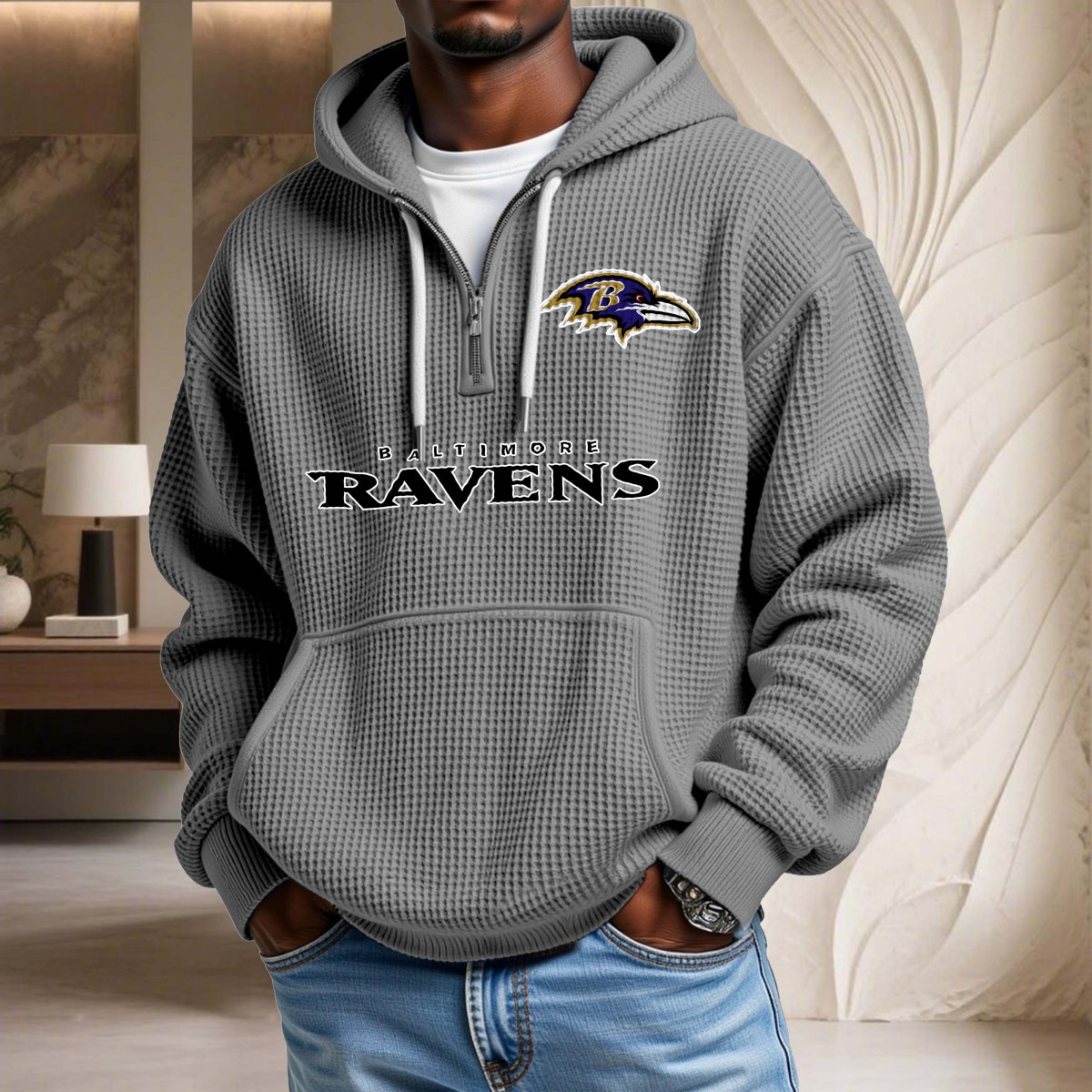 Sweat à capuche en maille gaufrée Baltimore Ravens – Image 6
