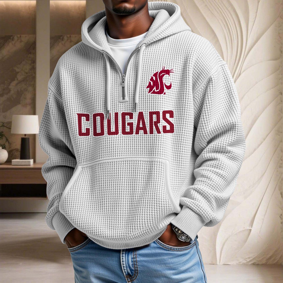 Sweat à capuche en maille gaufrée Washington State Cougars – Image 3